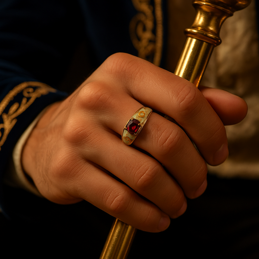 Hand wearing a gold ring with a red stone holding a golden staff.