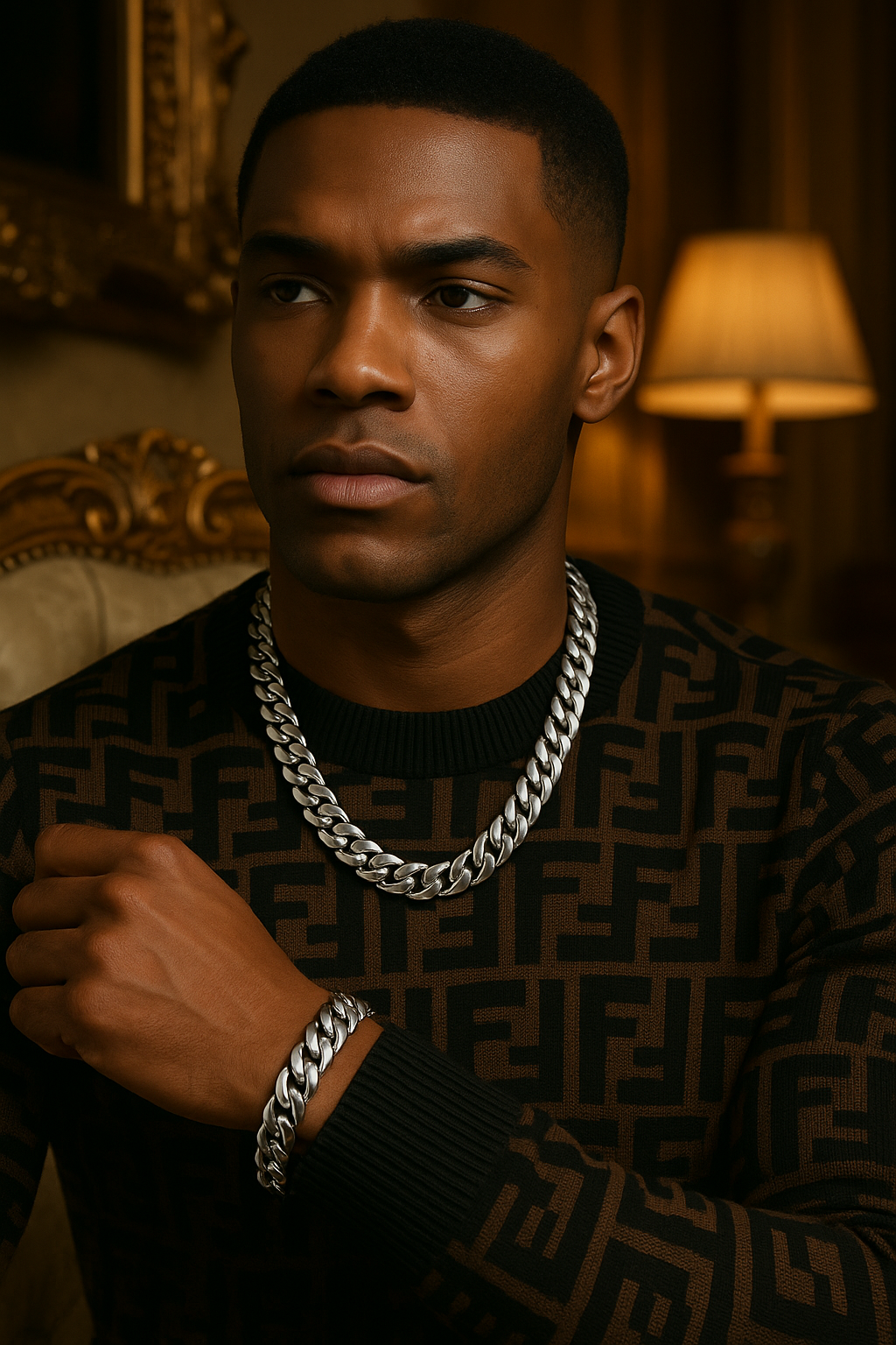 Man wearing a patterned sweater and chain necklace in a dimly lit room.
