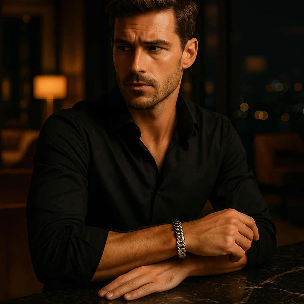 Man wearing a black shirt with a blurred background