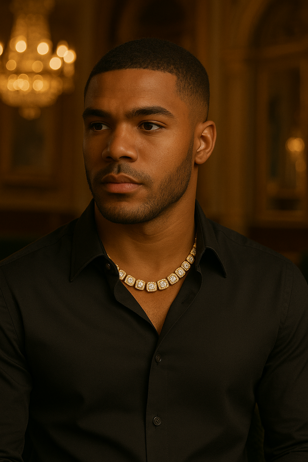 Man wearing a black shirt and a necklace with a blurred background