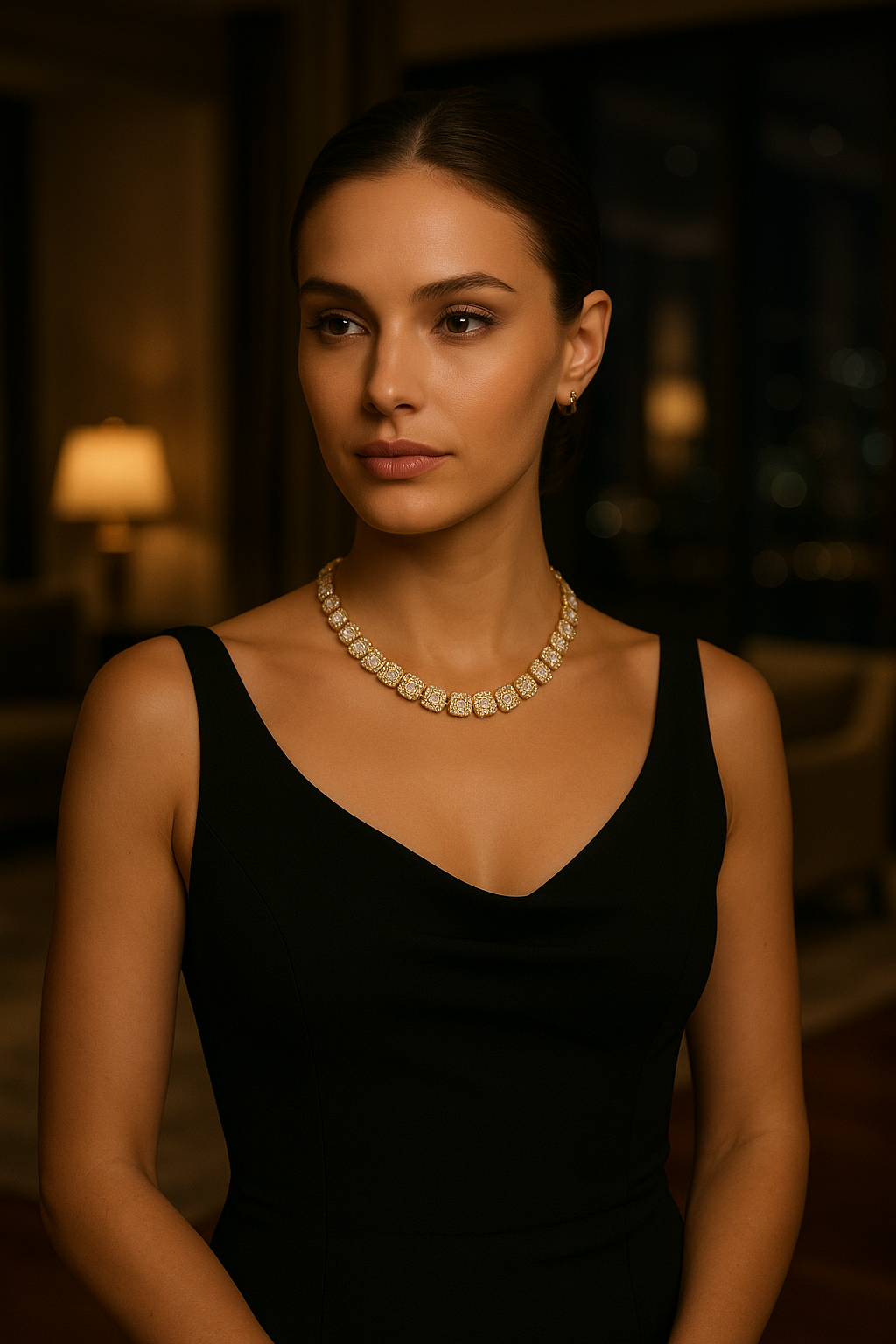Woman wearing a black dress and gold necklace in a dimly lit room
