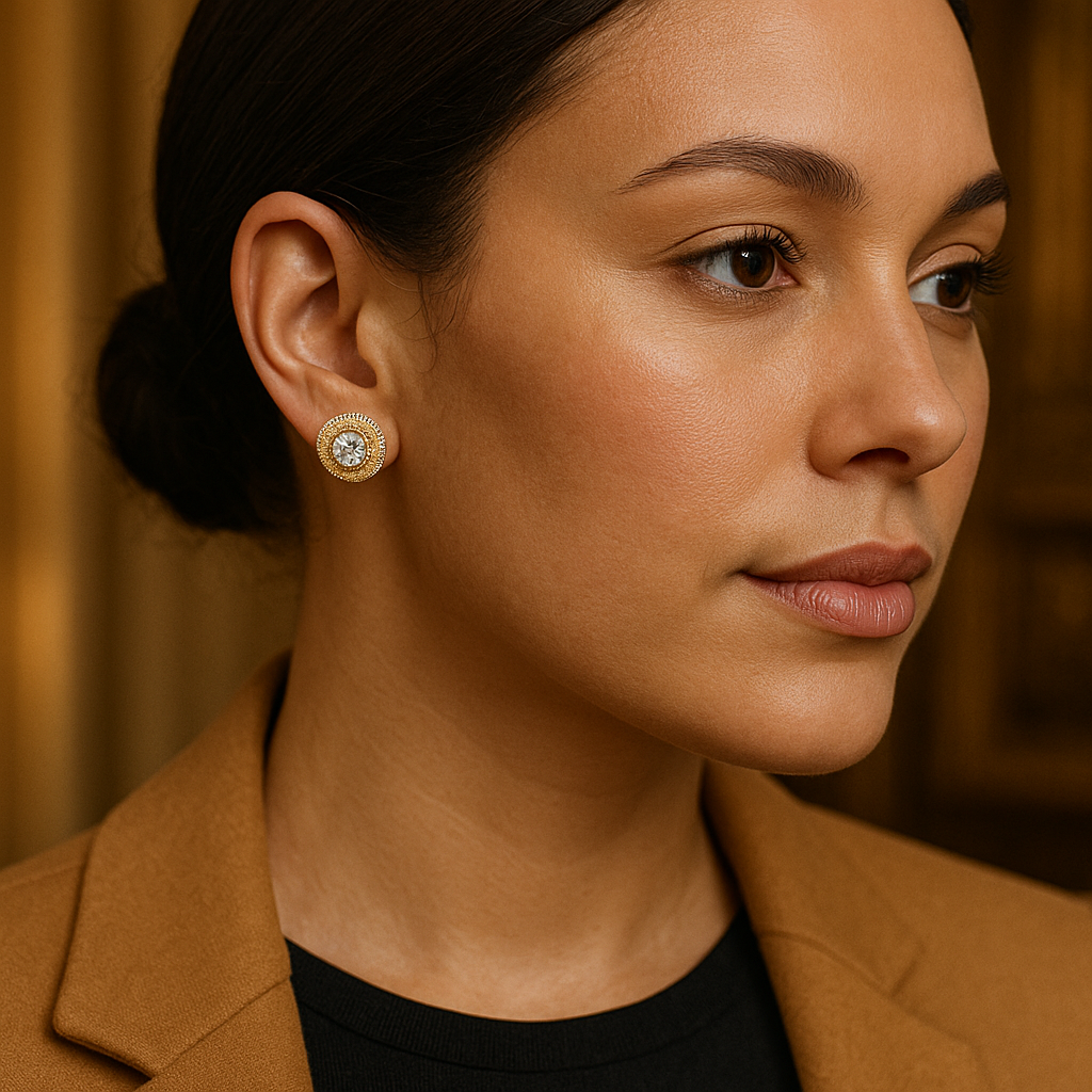 Close-up of a woman wearing gold earrings with a blurred background