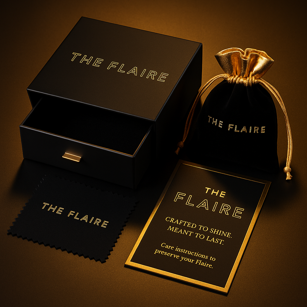 Collection of 'The Flaire' branded items including a box, pouch, card, and cloth on a brown background.