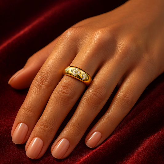 Gold ring with diamonds on a hand against a red fabric background