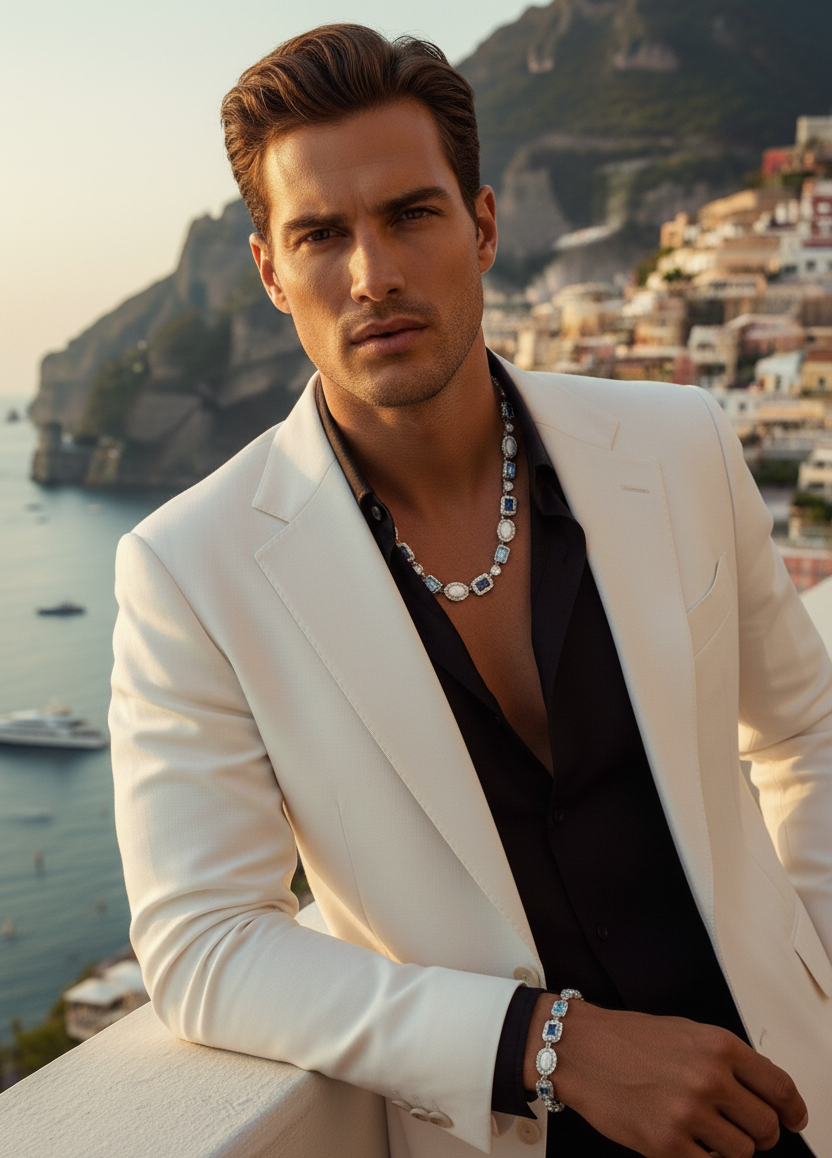 Man in a white suit with a scenic background of mountains and buildings.