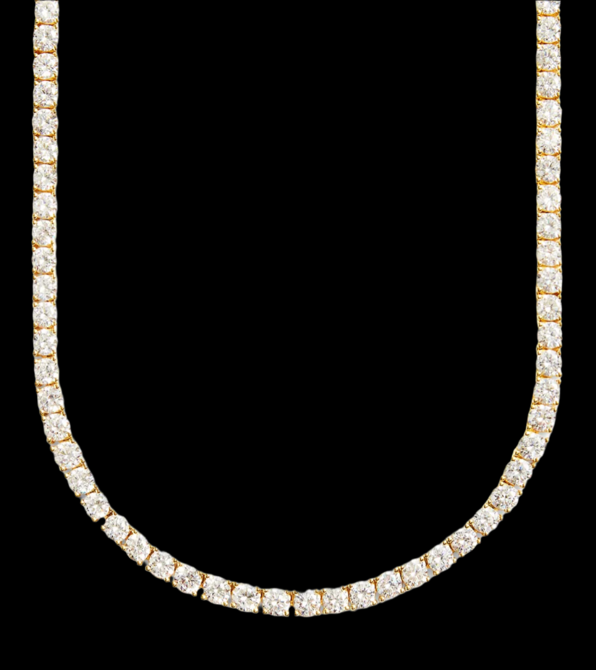 A gold-colored tennis necklace with hand-set cubic zirconia stones on a black background.
