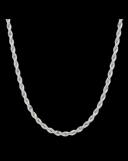 Silver rope chain necklace on a black background