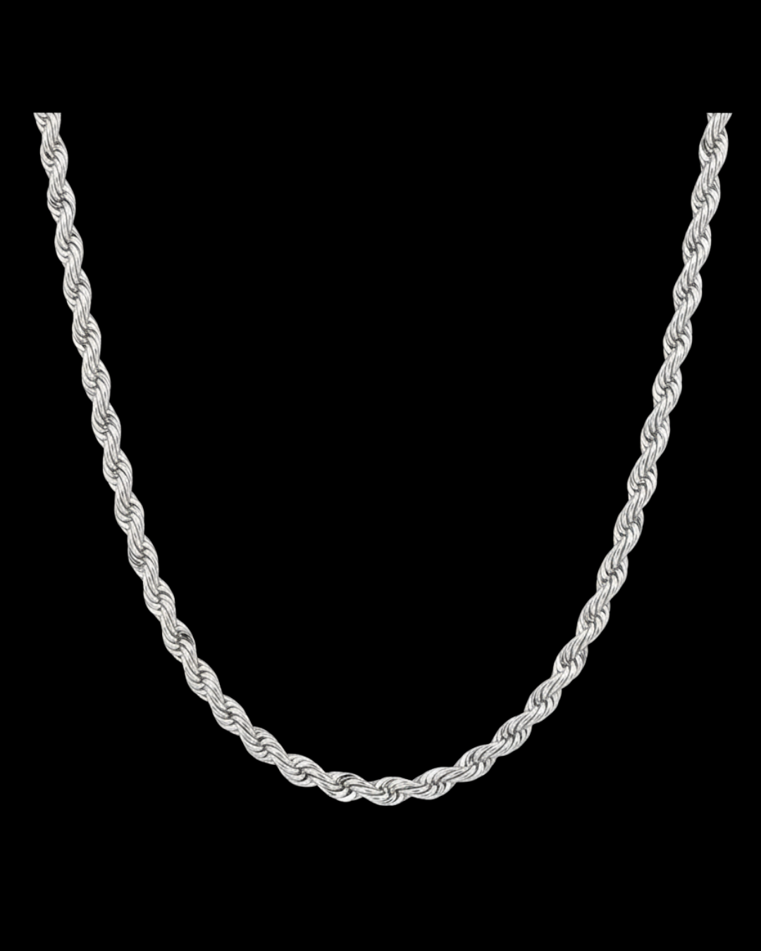 Silver rope chain necklace on a black background