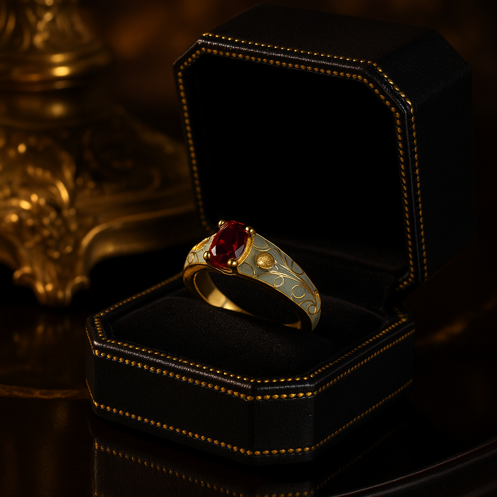 Gold ring with a red gemstone in an open black jewelry box on a dark background