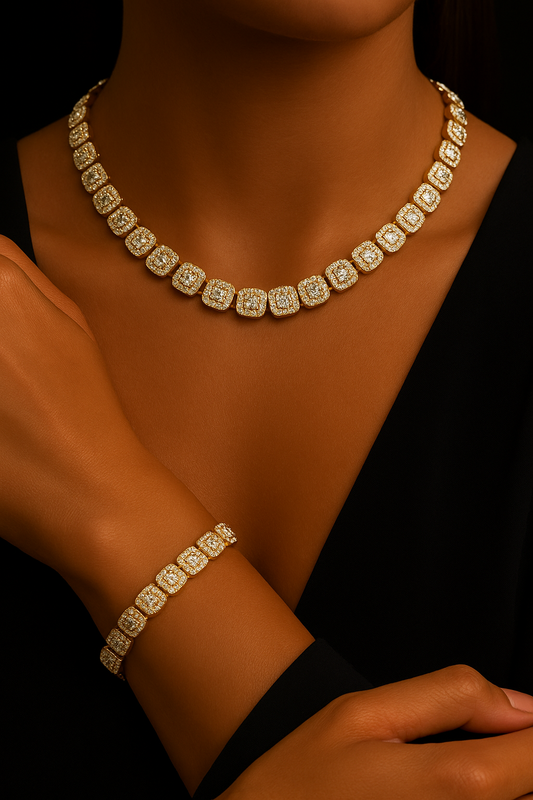Gold necklace and bracelet set on a person against a dark background