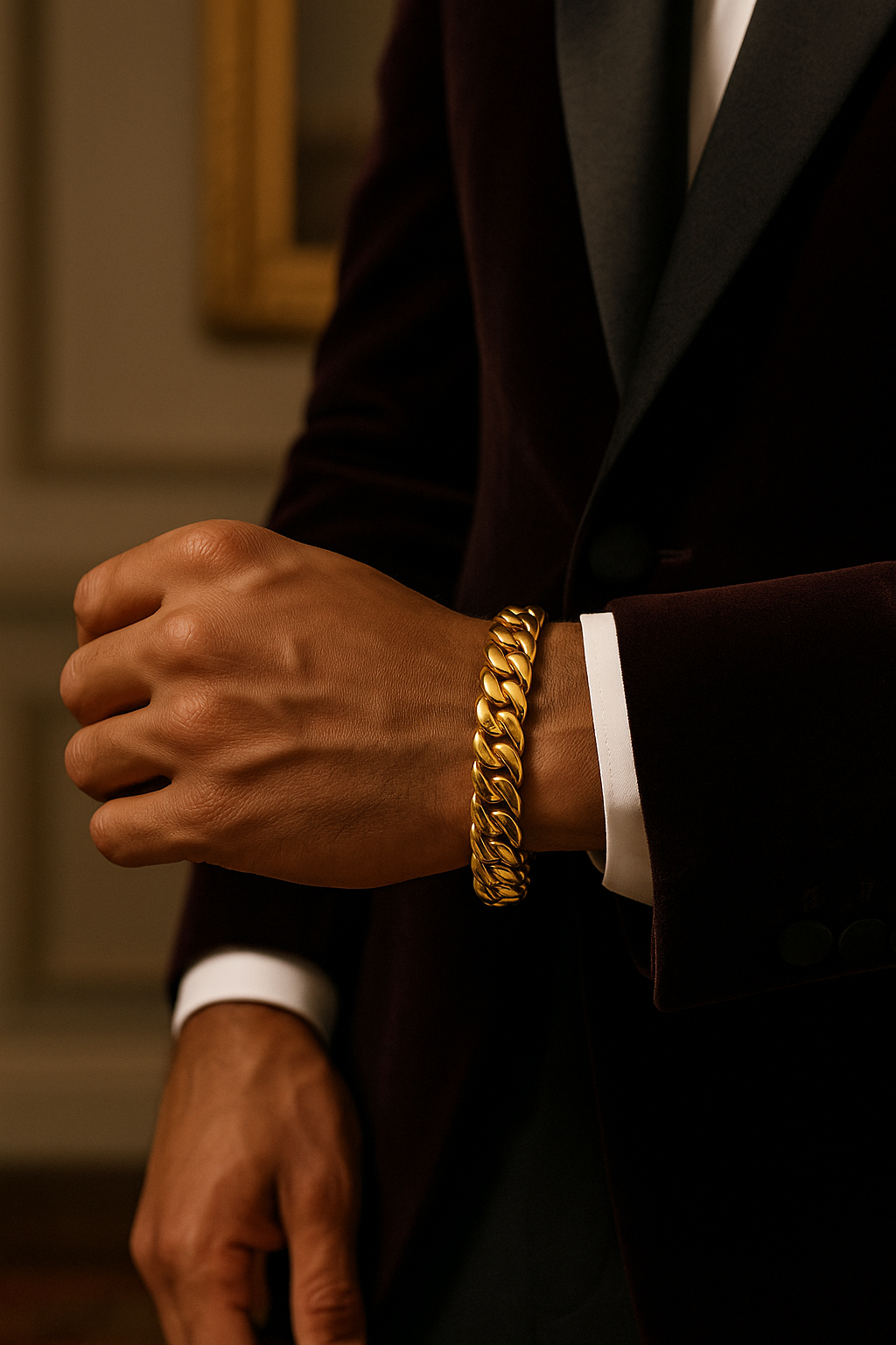 Person wearing a gold bracelet on a blurred background