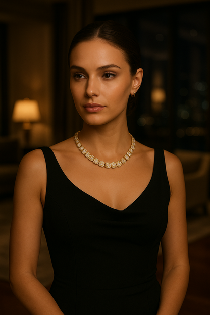 Woman wearing a black dress and gold necklace in a dimly lit room
