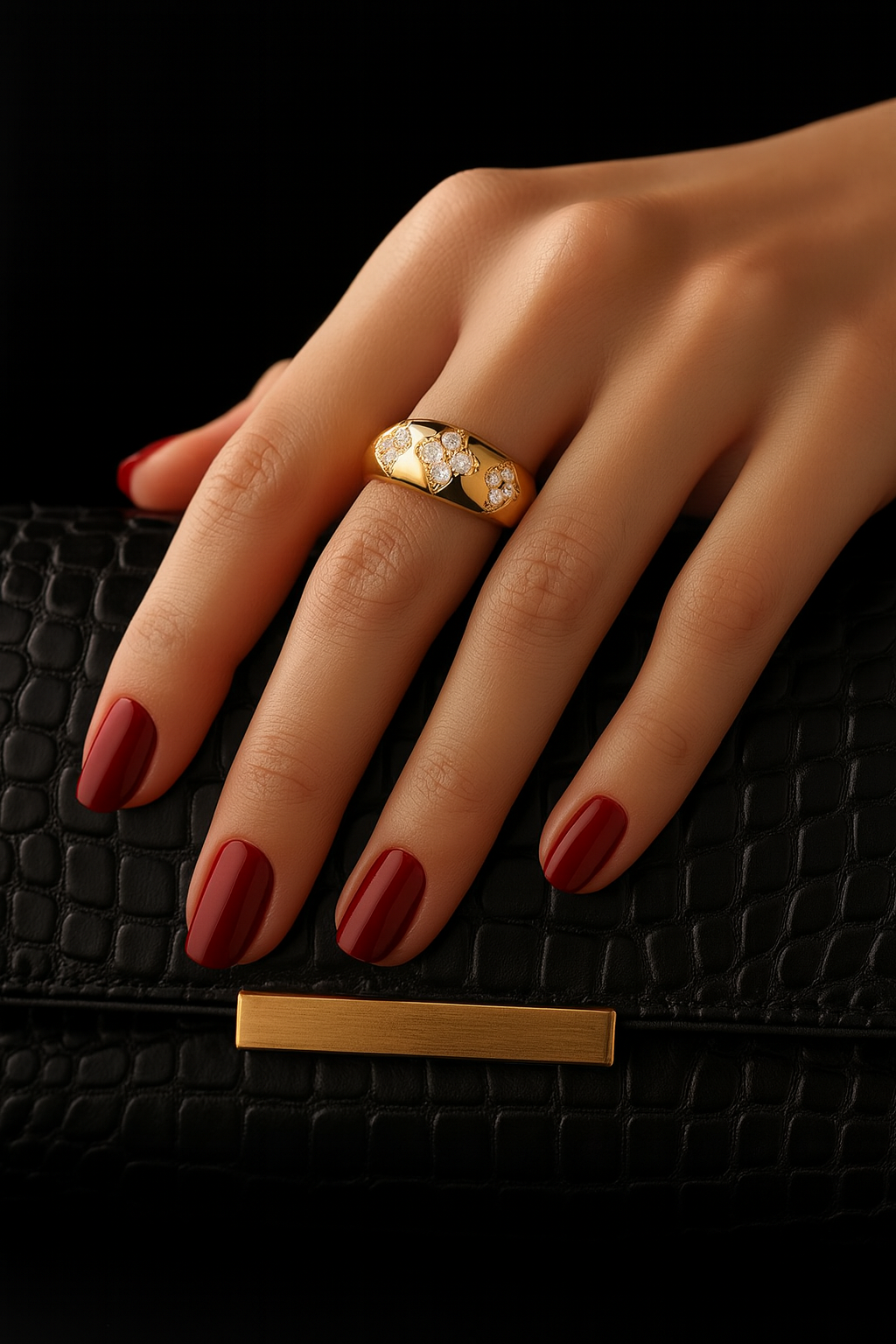 Hand with red nail polish wearing a gold ring on a black textured surface