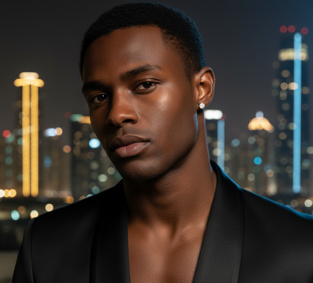 Man in a black suit against a cityscape at night