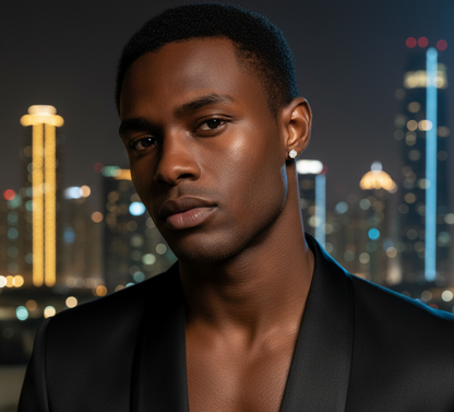 Man in a black suit against a cityscape at night