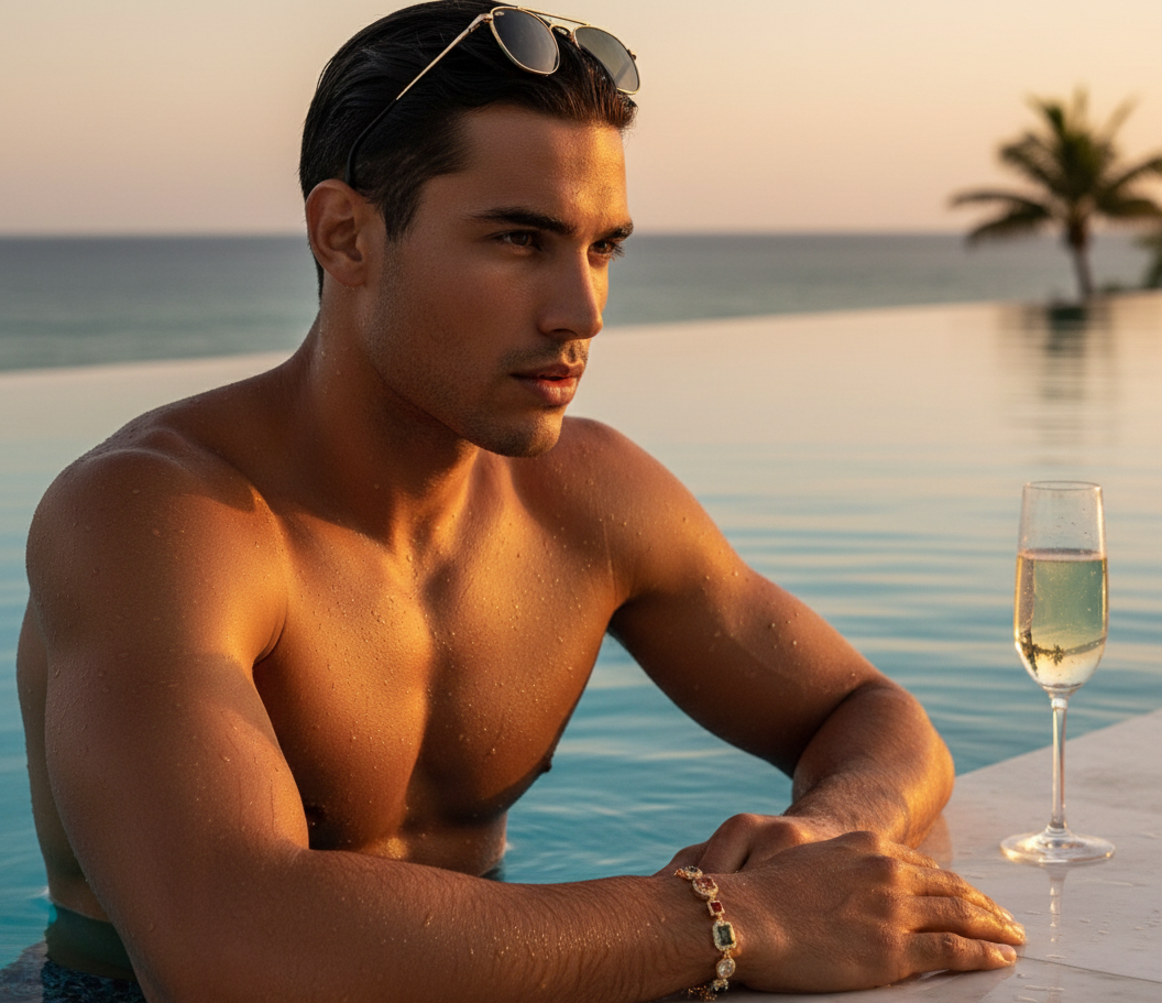 Man sitting by a pool with a glass of champagne, palm trees in the background
