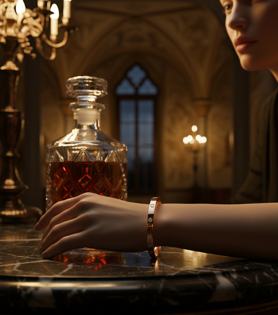 Person holding a decanter of whiskey in an elegant room with chandeliers.