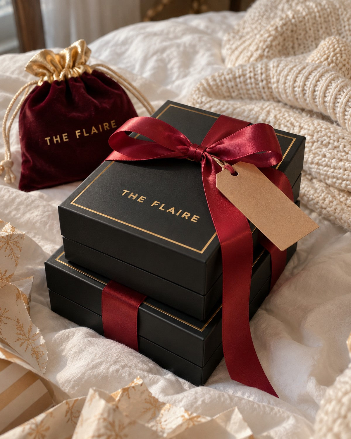 The Hoop & Wrist boxes tied in red ribbon, ready to give