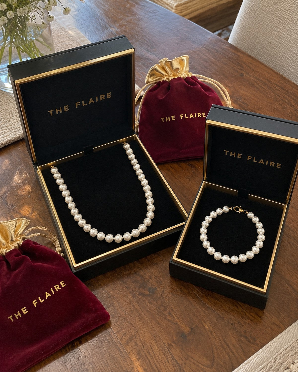 The Pearl Edit: pearl necklace and bracelet in The Flaire boxes