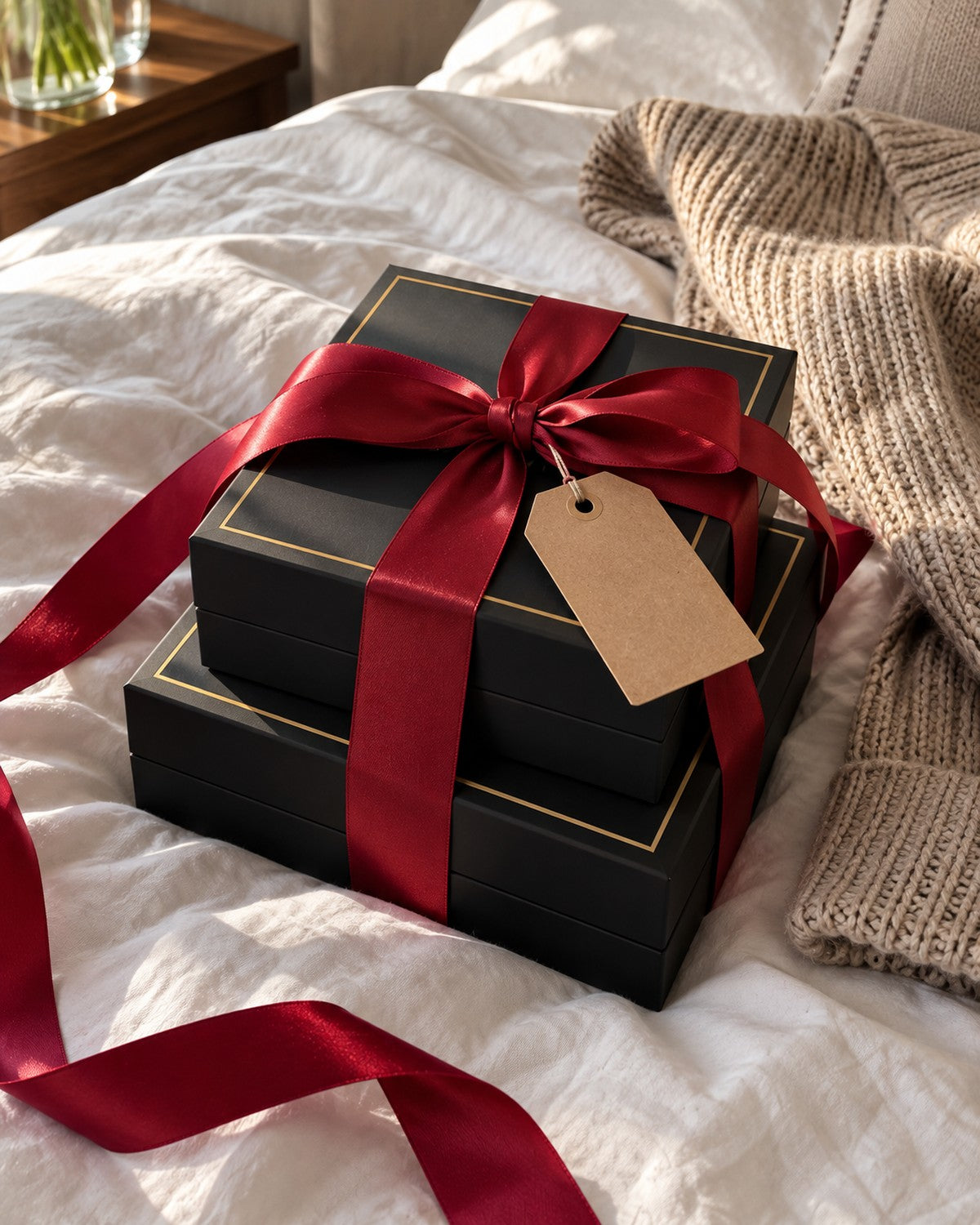 The Quiet Gold boxes tied in red ribbon, ready to give