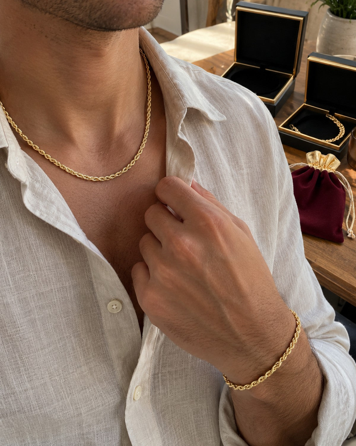 Luna rope chain and Regent bracelet worn minutes after opening