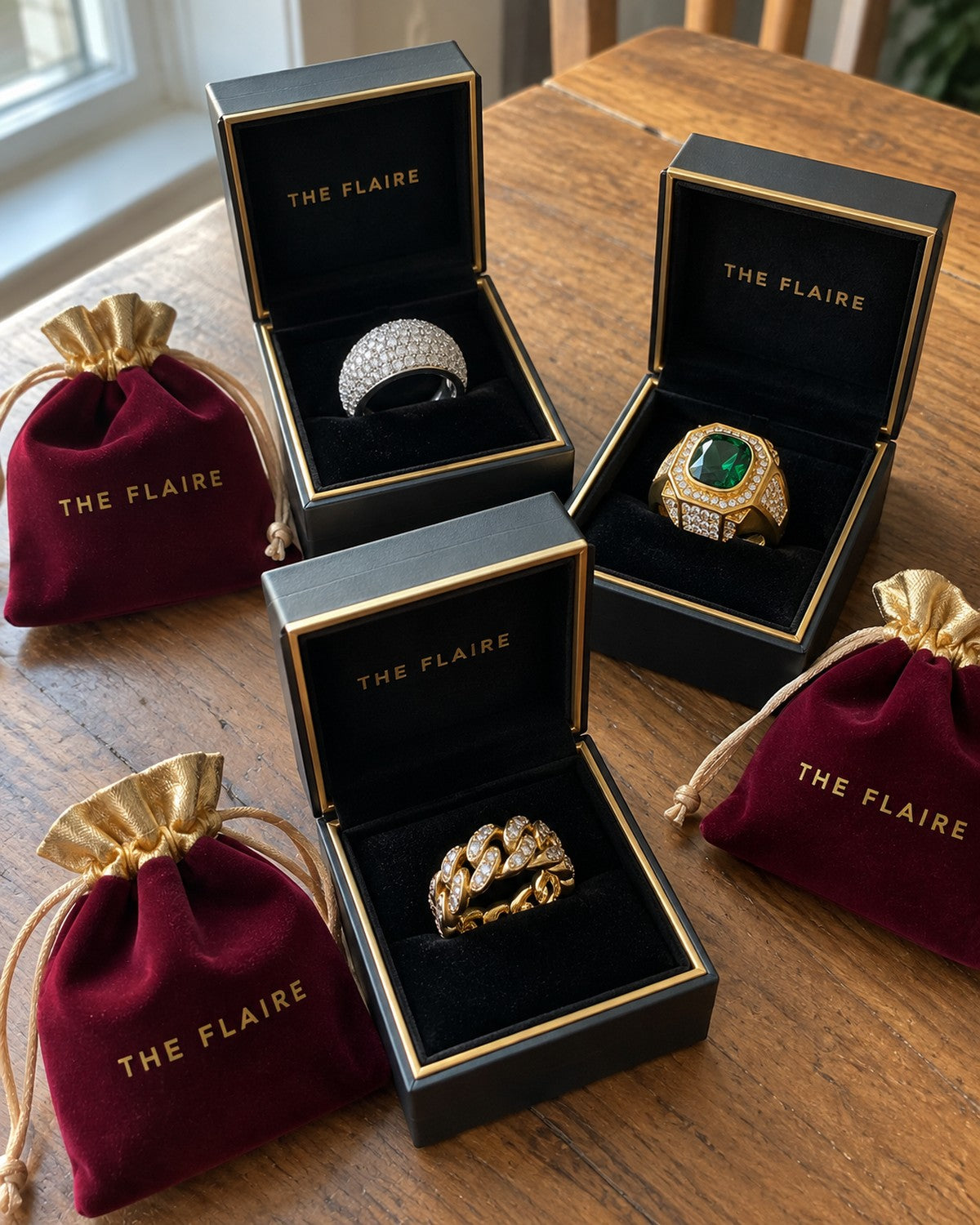 The Ring Stack: Celeste, Eclat and Venelle rings in The Flaire ring boxes