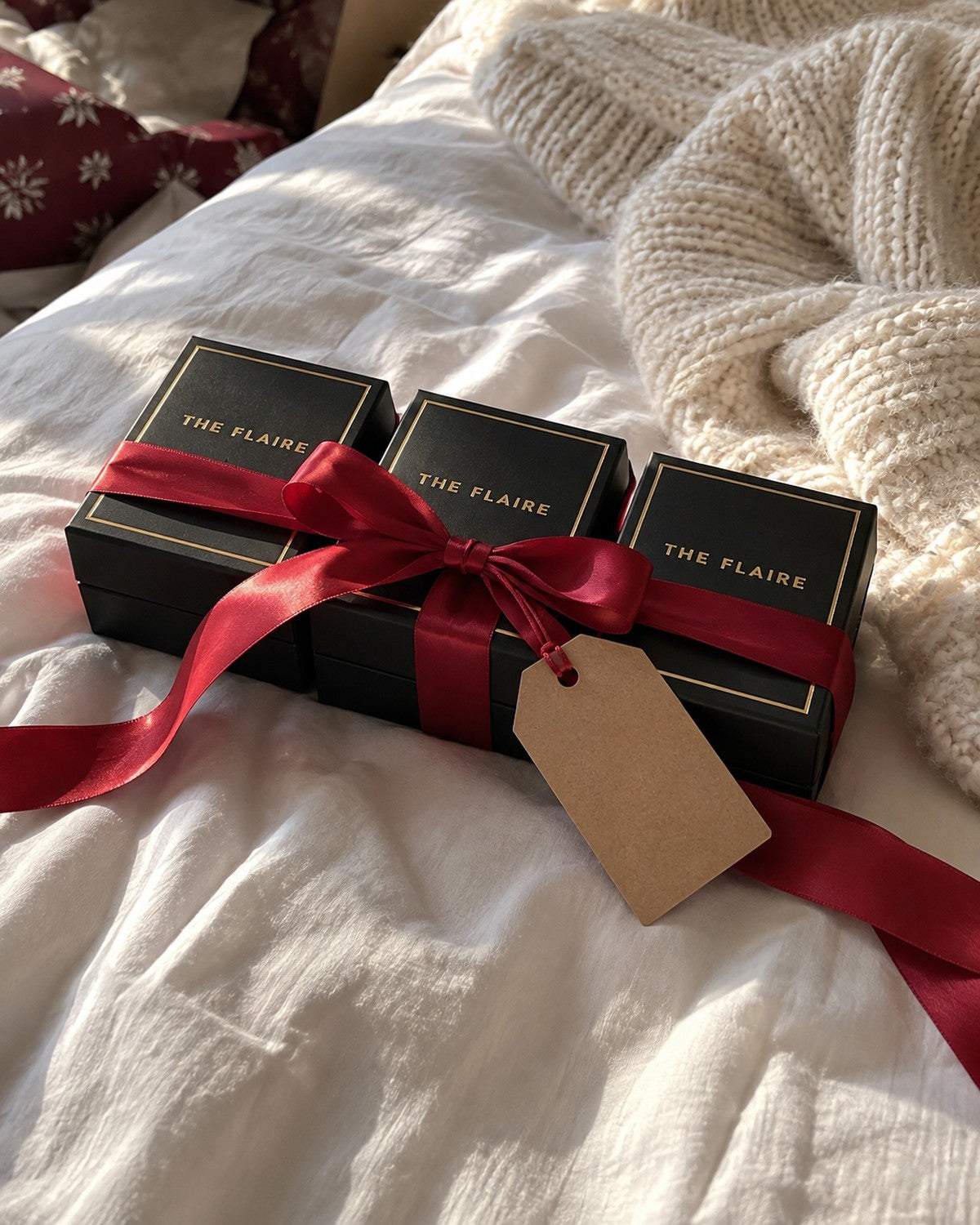 The Ring Stack ring boxes tied in red ribbon, ready to give