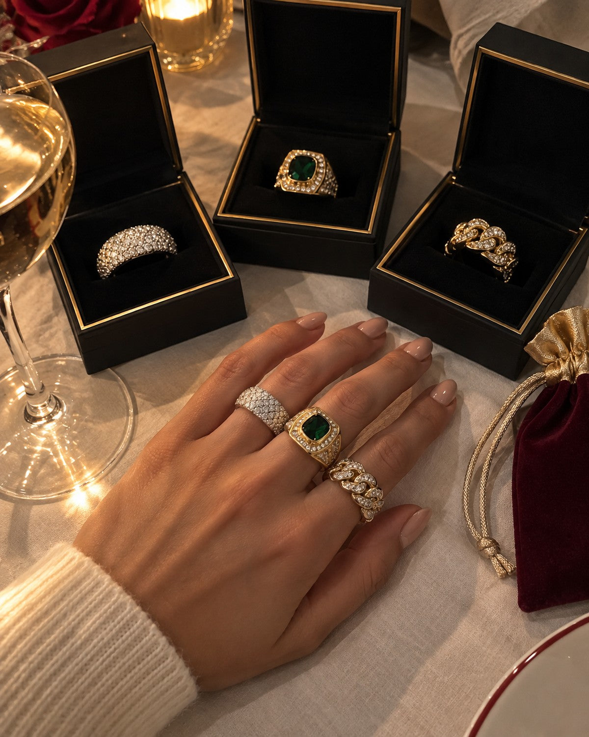 Celeste, Eclat and Venelle rings stacked on one hand