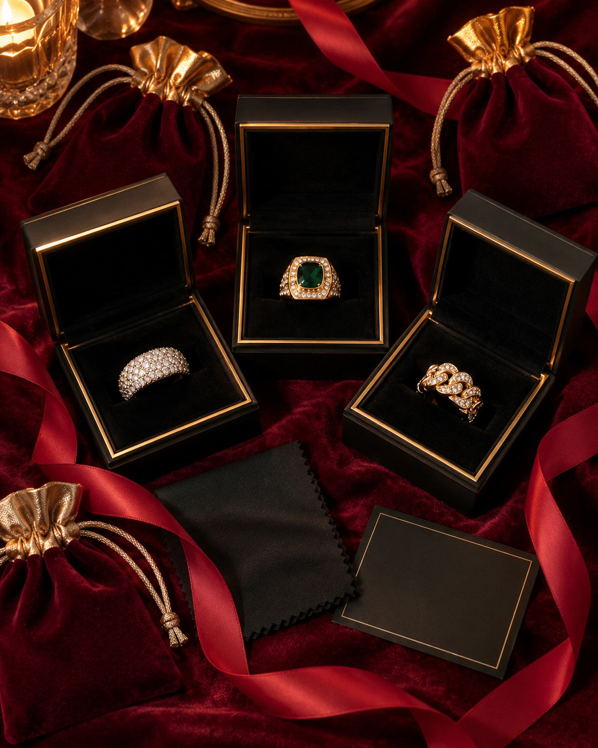 What you receive: three ring boxes, three pouches, polishing cloth and care card