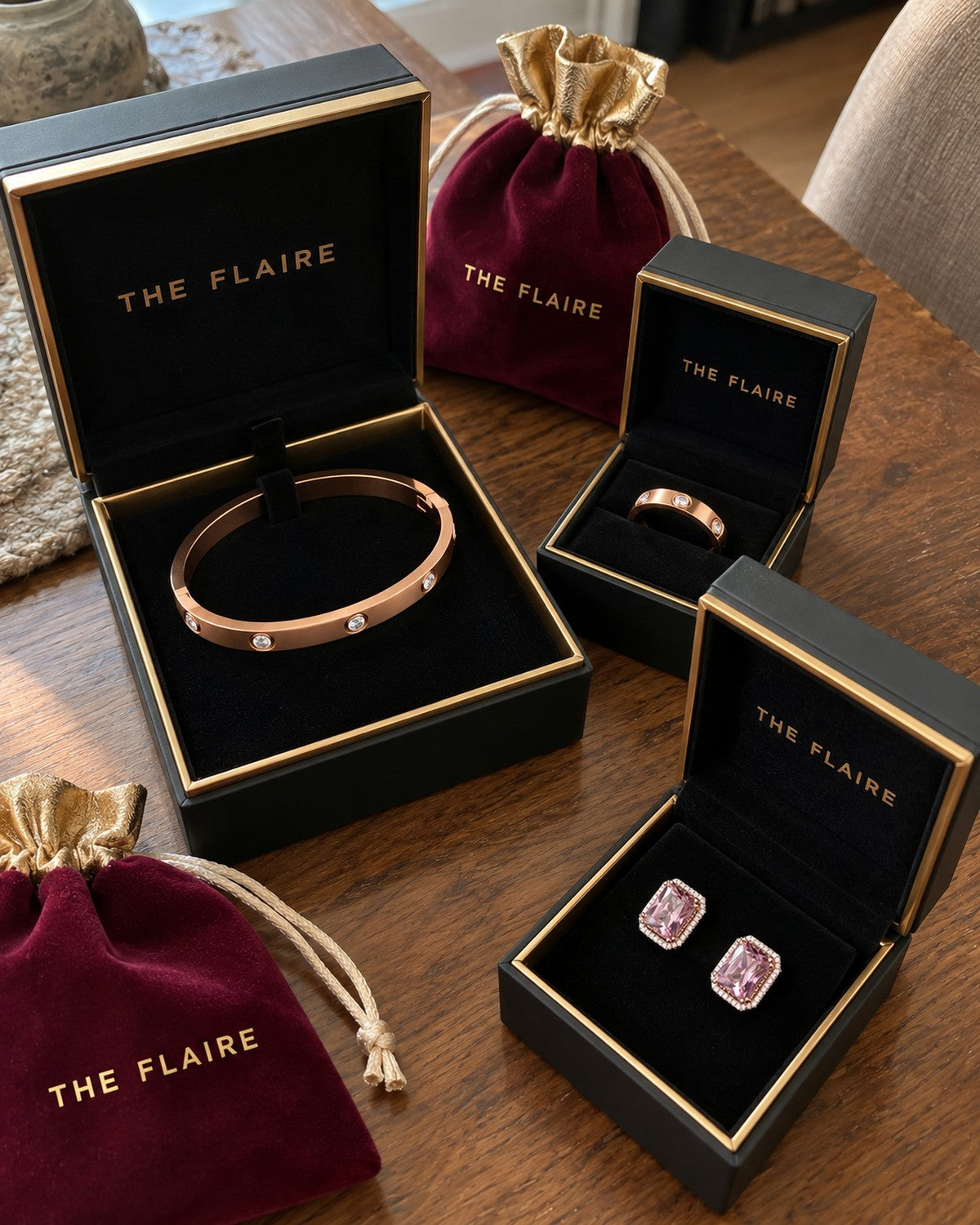The Rose Edit: Amoré bangle, Amorè ring and Valentina earrings in The Flaire boxes