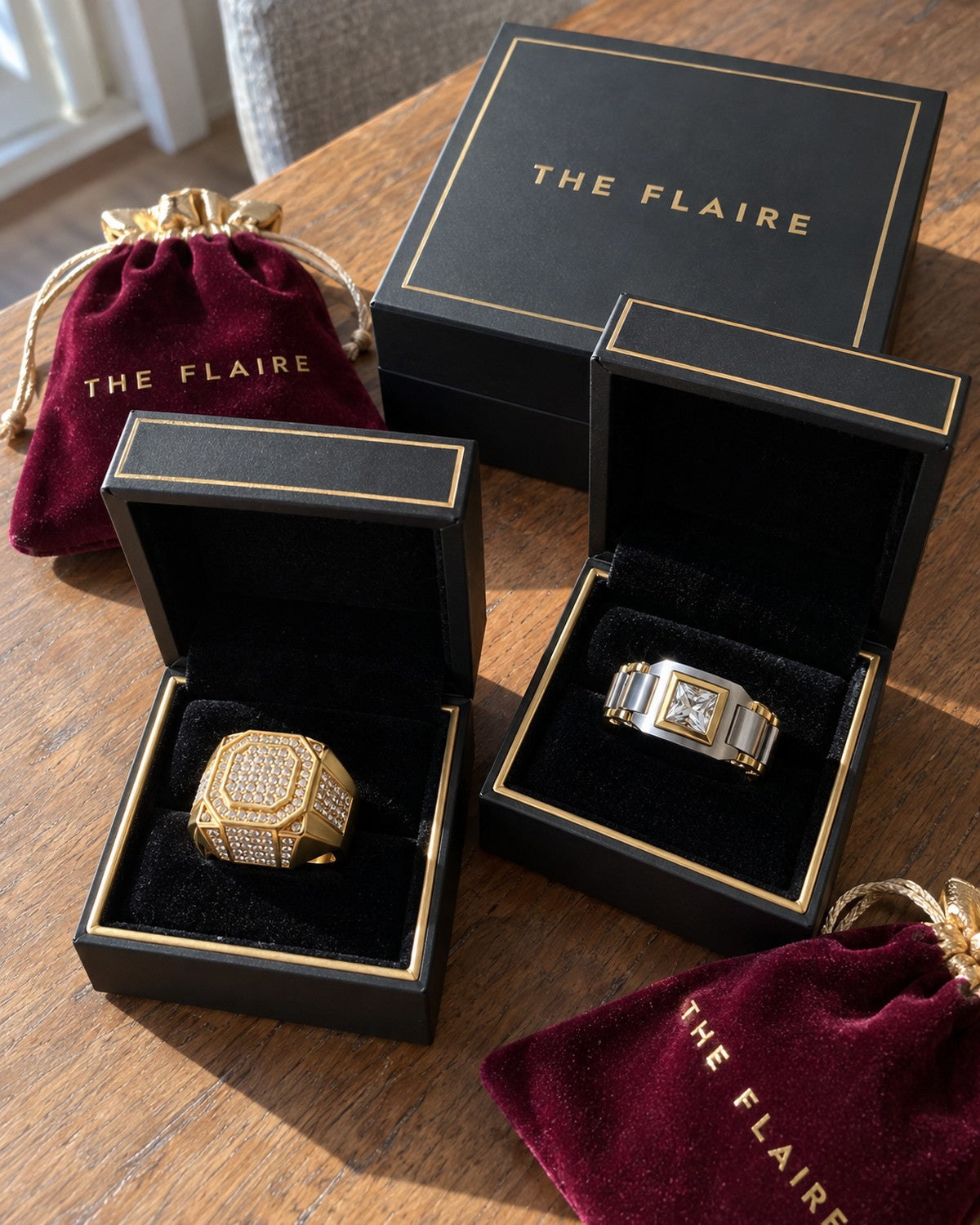 The Signet Pair: Sovereign and Maximilian rings in The Flaire ring boxes