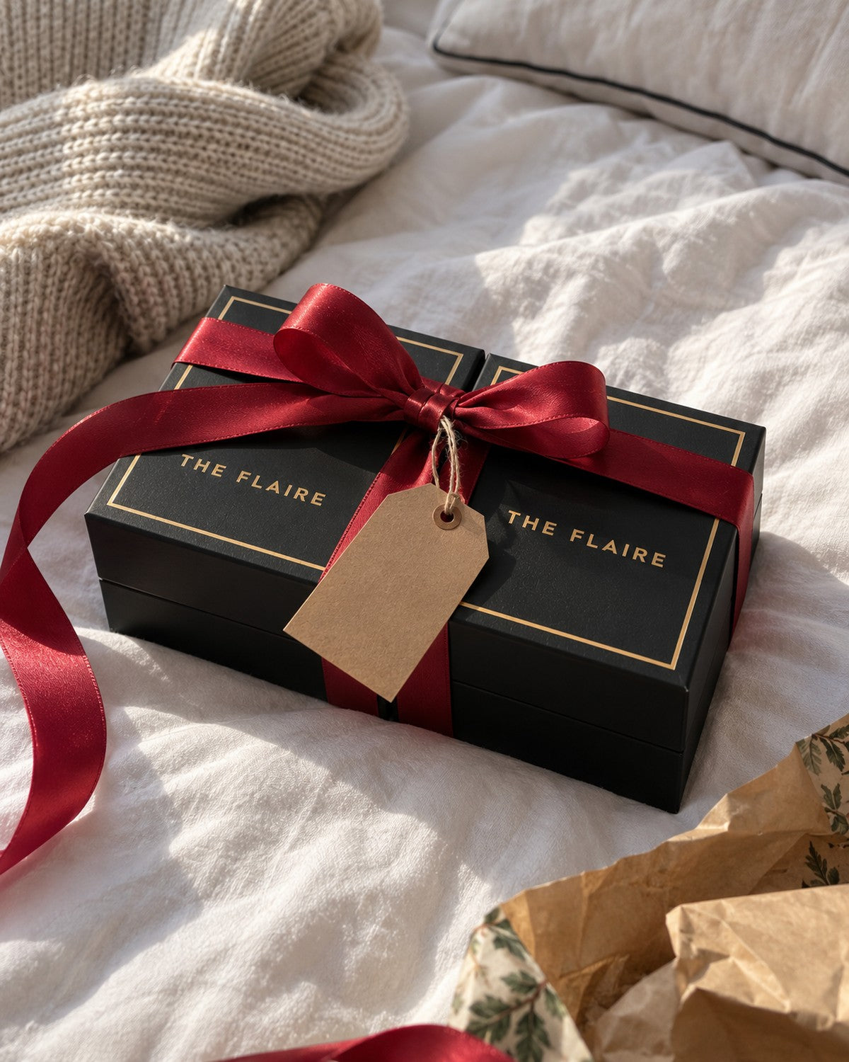 The Signet Pair ring boxes tied in red ribbon, ready to give