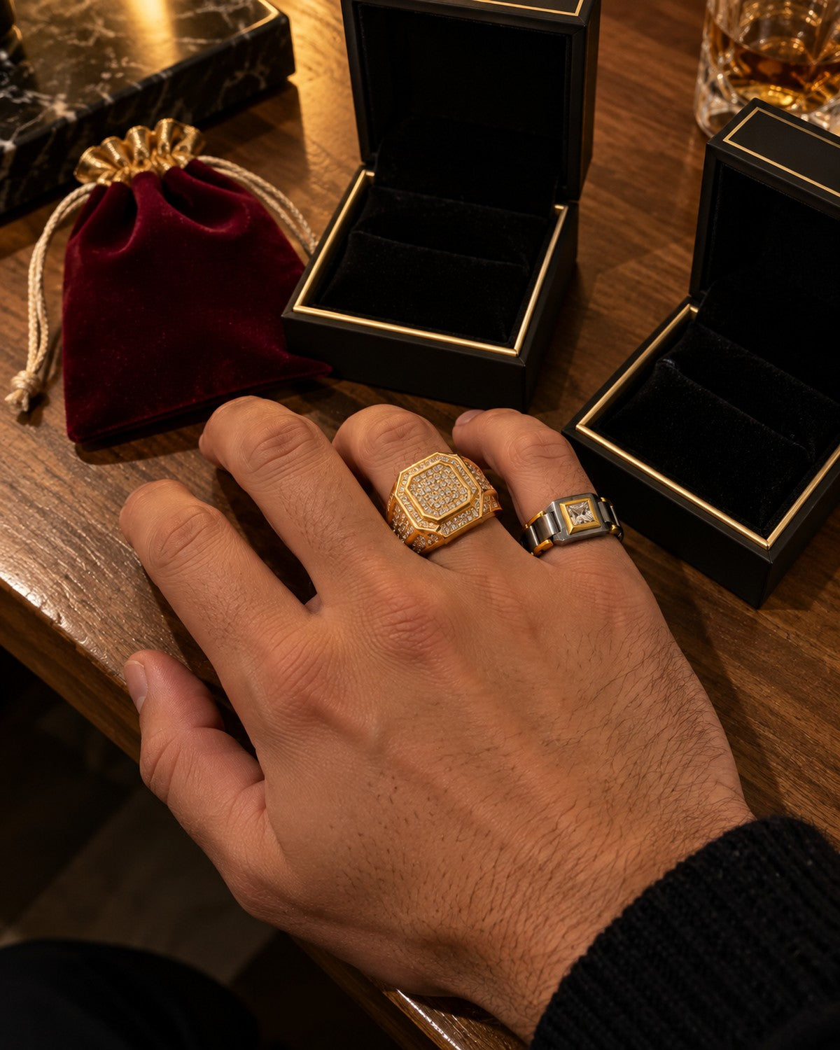 Sovereign and Maximilian rings worn on one hand