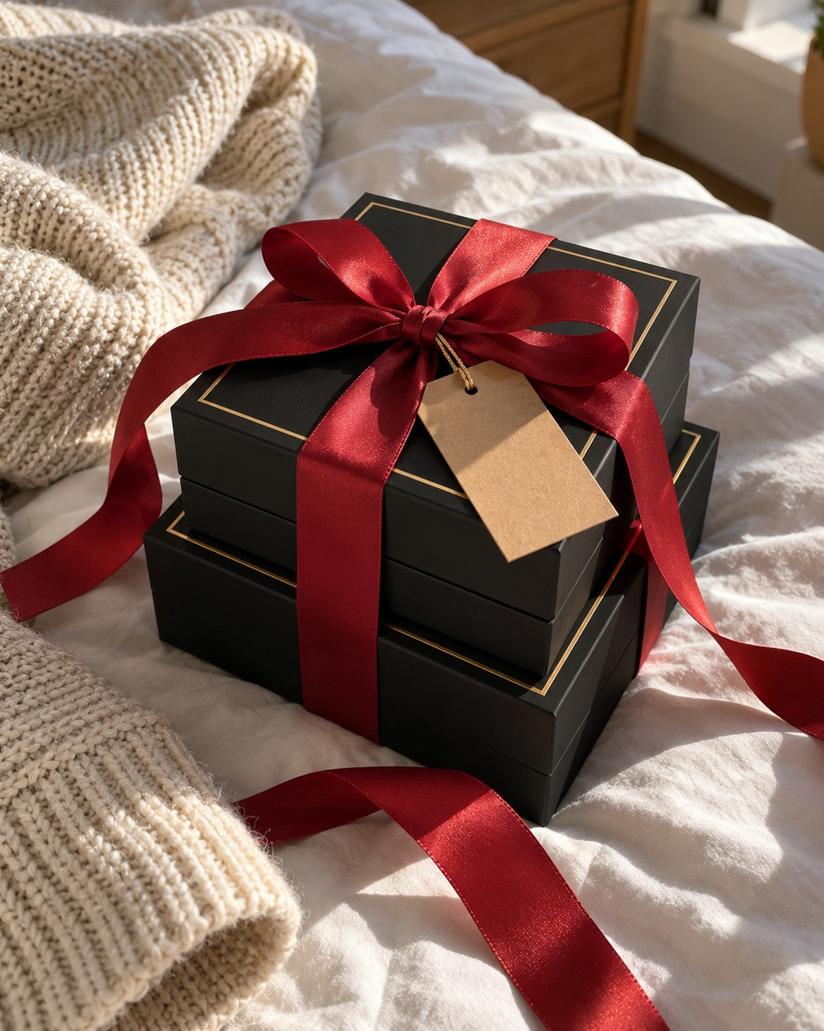 The Sunday Best boxes tied in red ribbon, ready to give