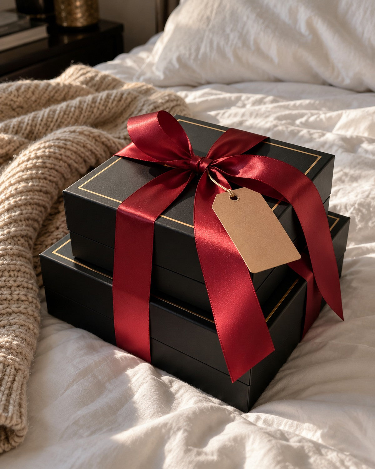 The Weekend Stack boxes tied in red ribbon, ready to give