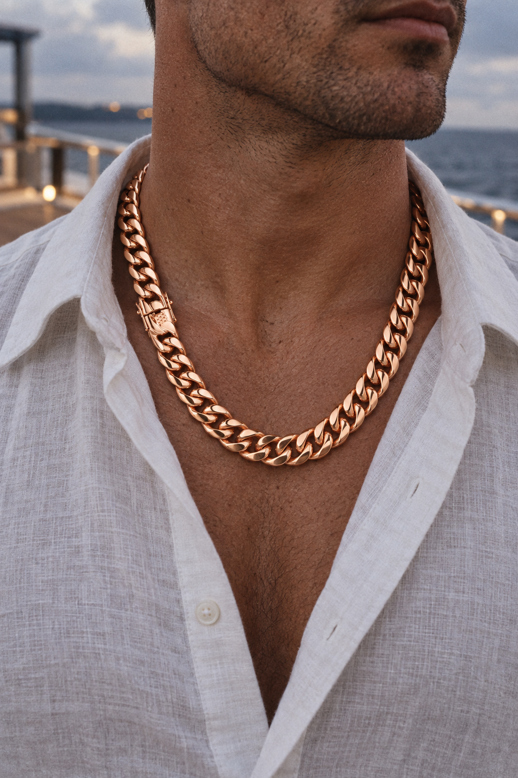 Luxor Chain Rose Gold worn with a white linen shirt