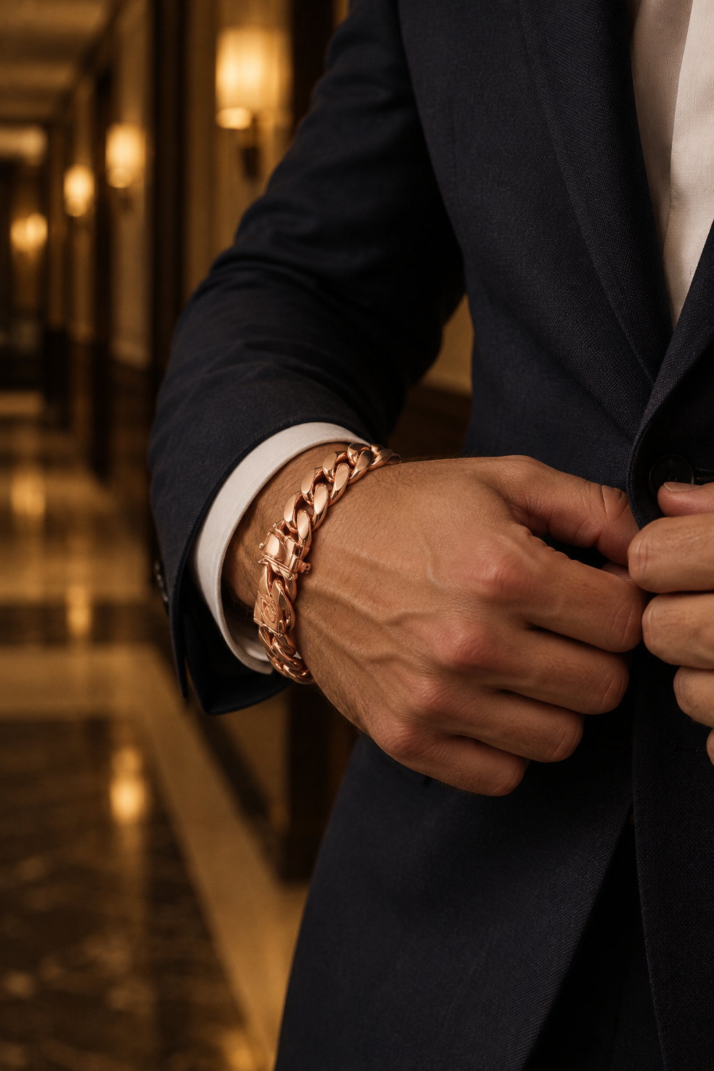 Luxor Bracelet Rose Gold worn with a navy suit