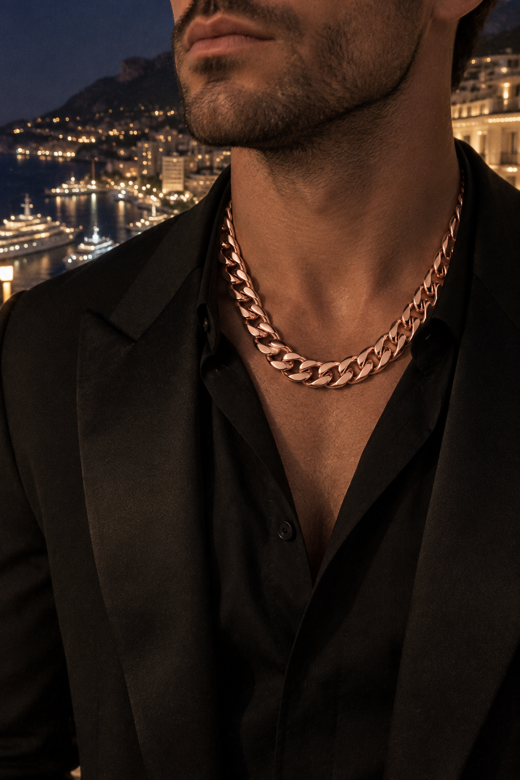 Luxor Chain Rose Gold worn with a tuxedo in Monaco at night